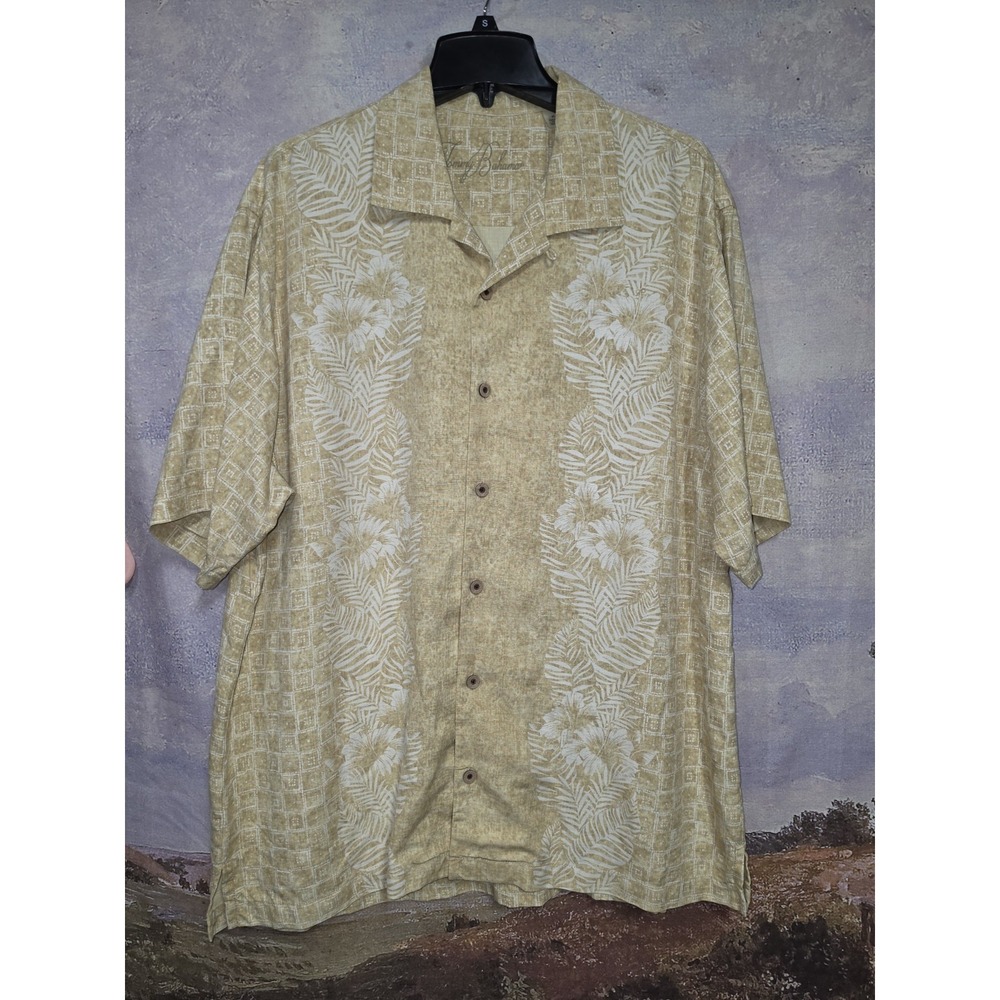 Tommy Bahama Men's XL Silk Hawaiian Camp Shirt Cream Palm Tree Jacquard